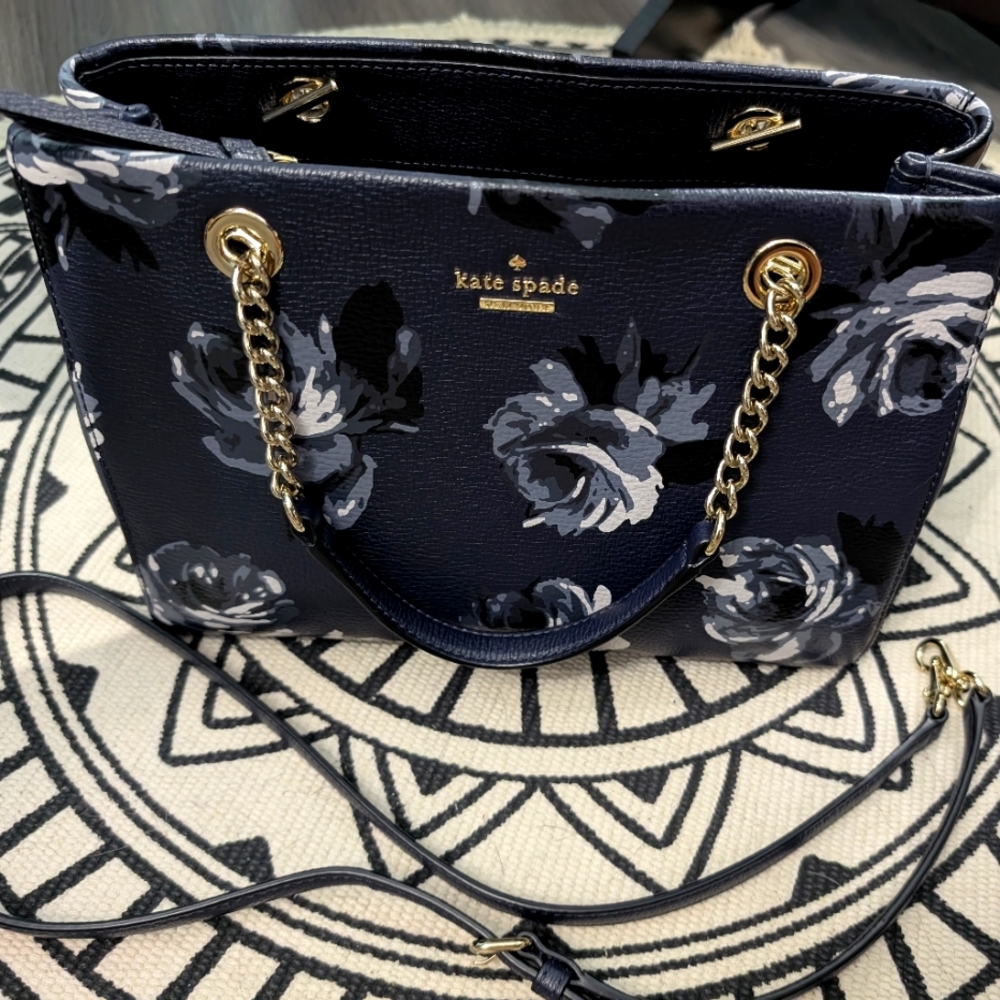 Kate Spade Navy Floral Leather Purse with Gold Accents